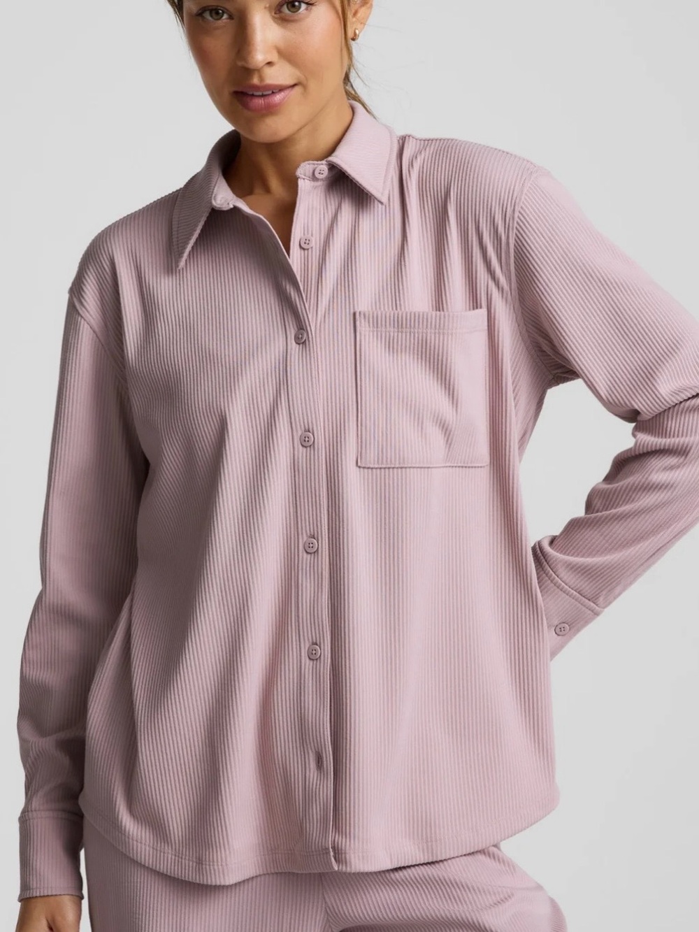 Beyond Yoga Ribbed Button-Up Shirt - Mauve Pink